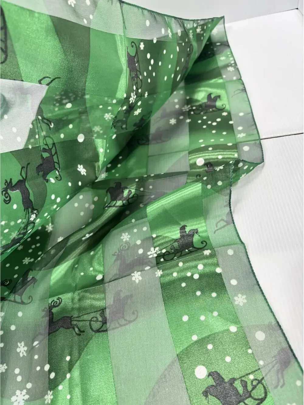 Christmas Reindeer Sleigh Scarf Green Holiday Winter Chiffon Festive Neck Wrap